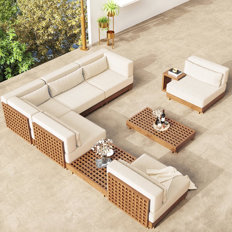 Grida 9-Piece Outdoor Teak Modular Sectional Sofa Set with Coffee Table in Ivory