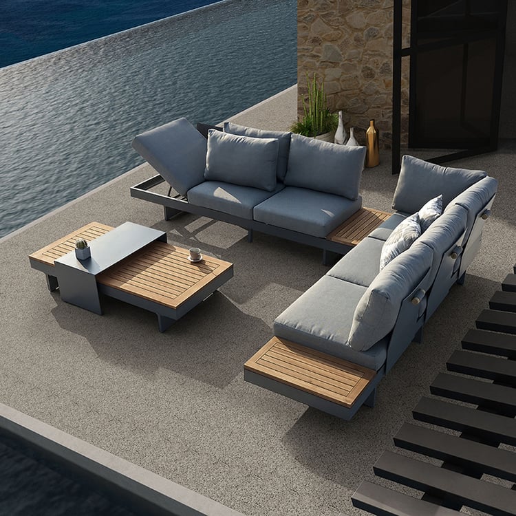 Tevara 4-Piece Outdoor Teak & Aluminum Modular Sofa Set with Coffee Table for 6 in Gray