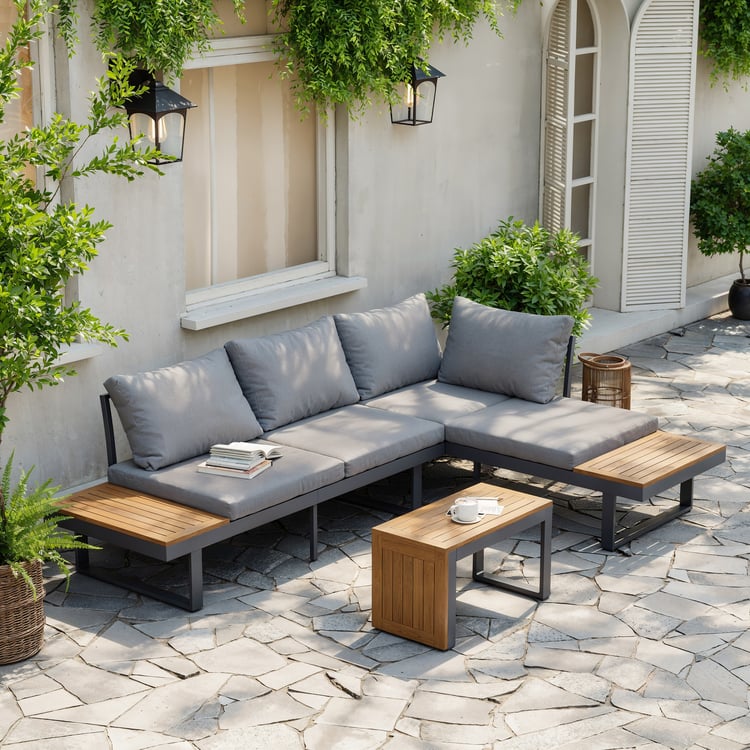 Slatera Outdoor Acacia & Aluminum Modular Sofa Set in Dark Gray