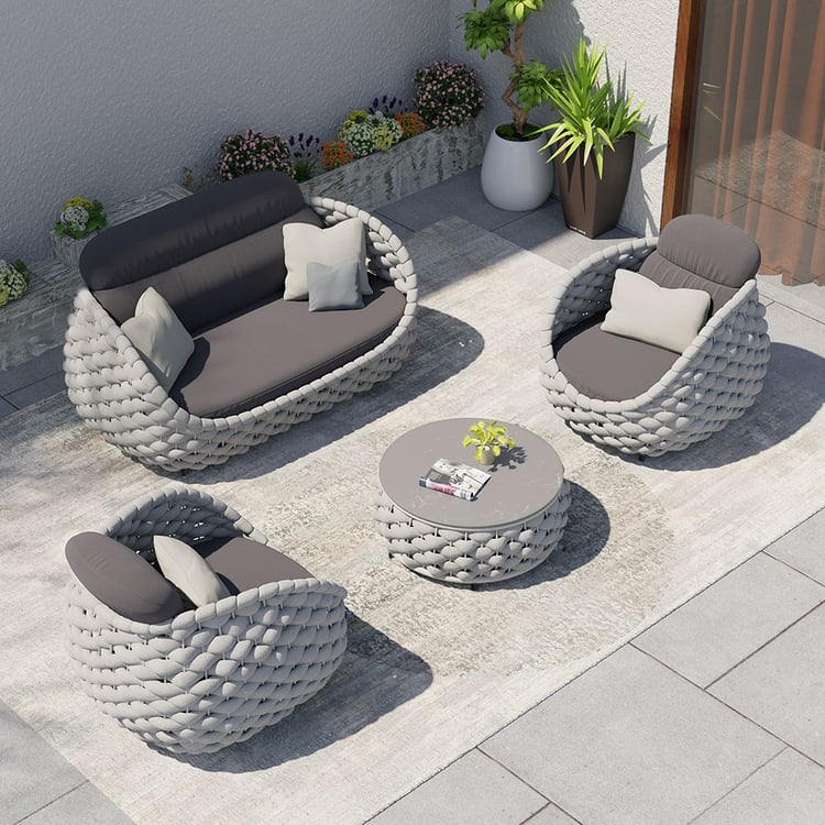 Cocaro 4-Piece Outdoor Rope Weave Sofa Set with Coffee Table in Gray