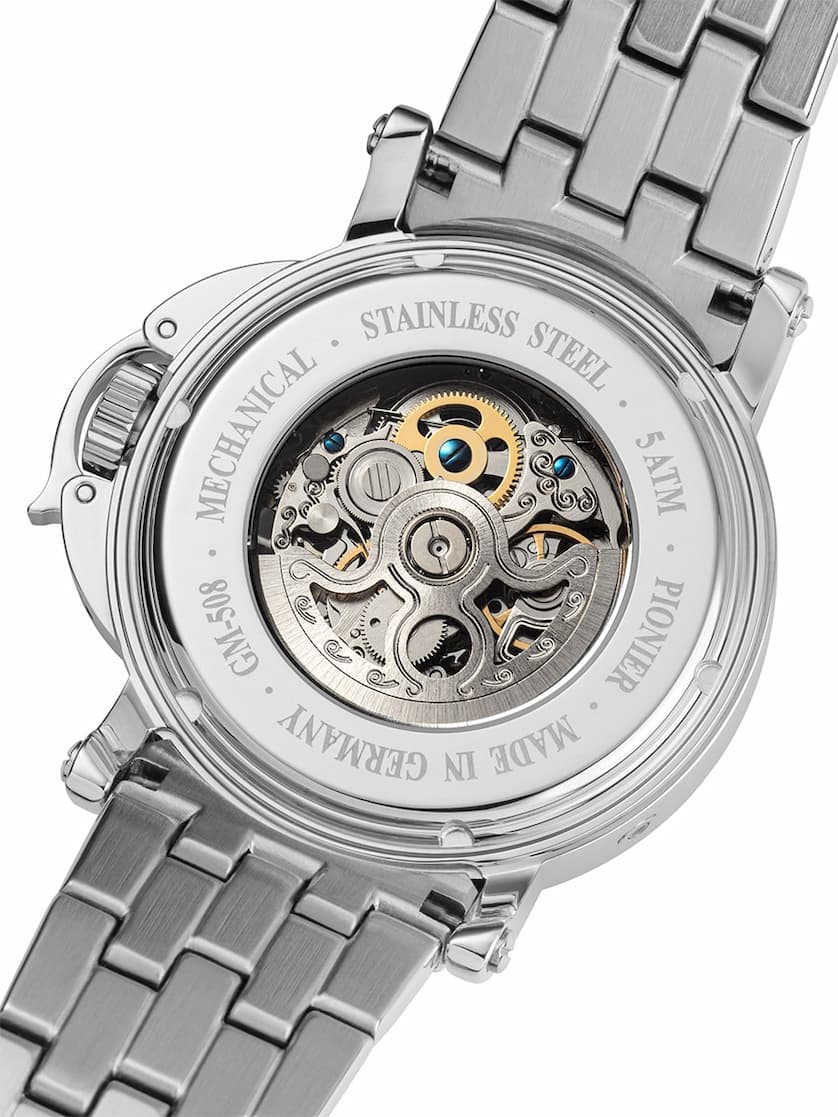 Silver case, silver rotor, open back mechanism.