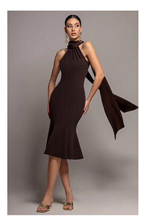  Scuba & Soft Satin Halterneck Midi Dress With Back Sash