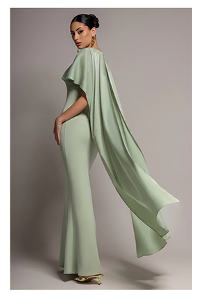  Goddiva Scoop Neck Soft Satin Cape Sleeve Maxi Dress - Sage Green by Goddiva