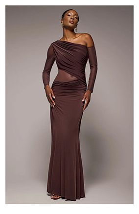  Gathered Cowl Asymmetric Mesh And Soft Touch Maxi Dress