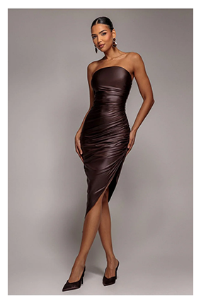 Bandeau Faux Leather Midi Dress - Brown by Goddiva