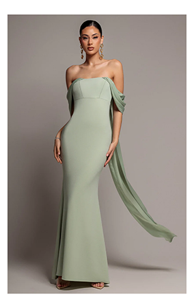 Off Shoulder Soft Satin Wing Cape Maxi Dress