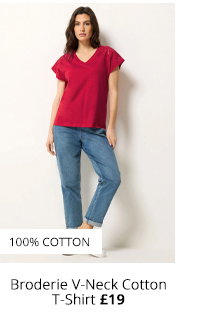 M&Co Red Broderie V-Neck Cotton T-Shirt