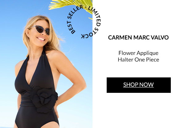 Shop Carmen Marc Valvo Flower Applique Shirred Halter One Piece Swimsuit - Solids