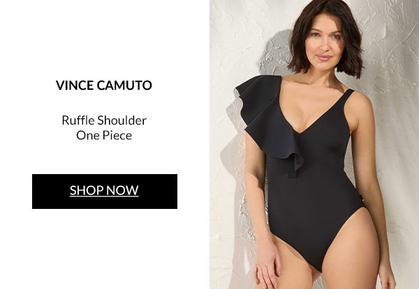 Shop Vince Camuto Ruffle Shoulder One Piece Swimsuit inScuba