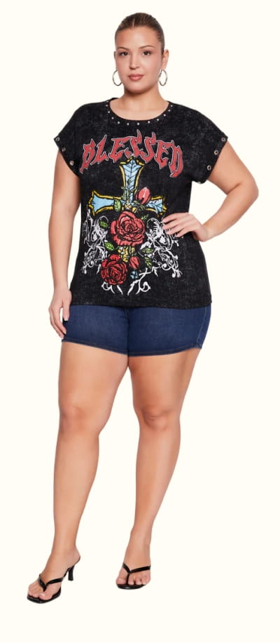 Shop Plus Size Acid Wash Blessed Graphic Grommet Sleeve Tee
