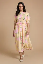 Petite Shirred Bodice Puff Sleeve Midi Dress