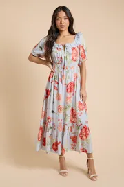 Petite Broderie Frill Detail Tiered Hem Printed Midi Dress