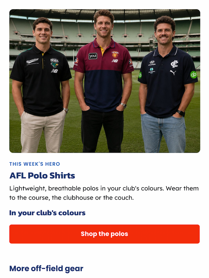 Three men standing in a stadium wearing 2026 Official AFL Polo Shirts