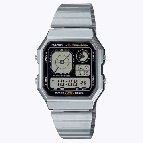 Casio A130WE-1AEF Retro Vintage Black Square Dial & Stainless Steel Watch