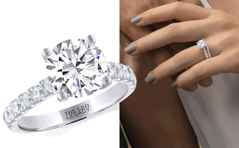 A ring with a round cut diamond in the center next to a model wearing the ring.