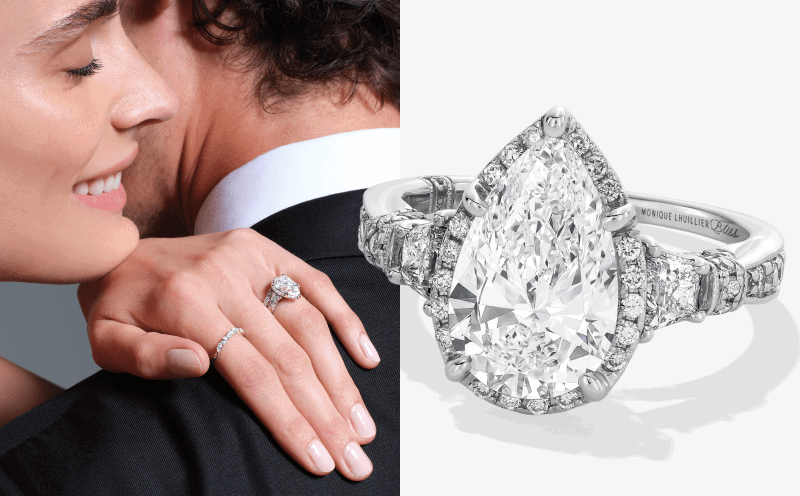 A ring with a pear shaped diamond in the center next to a model wearing the ring.