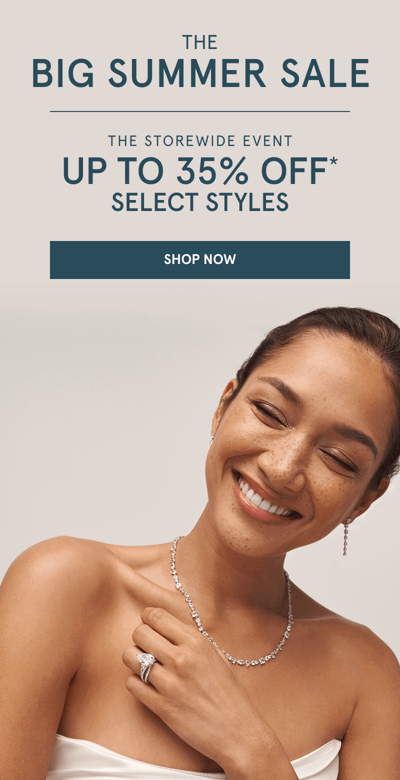 Woman wearing a diamond necklace, drop earrings and pear-shaped diamond ring. Up to 35% Off select styles. Click shop now.