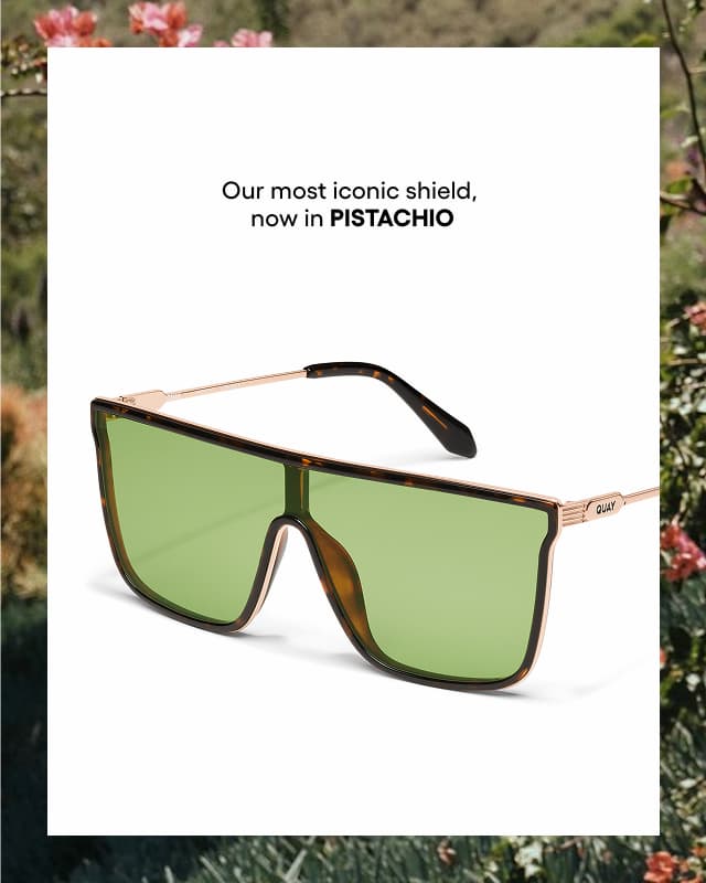 Our most iconic shield, now in PISTACHIO. Image of pistachio-tinted tort sunglasses.