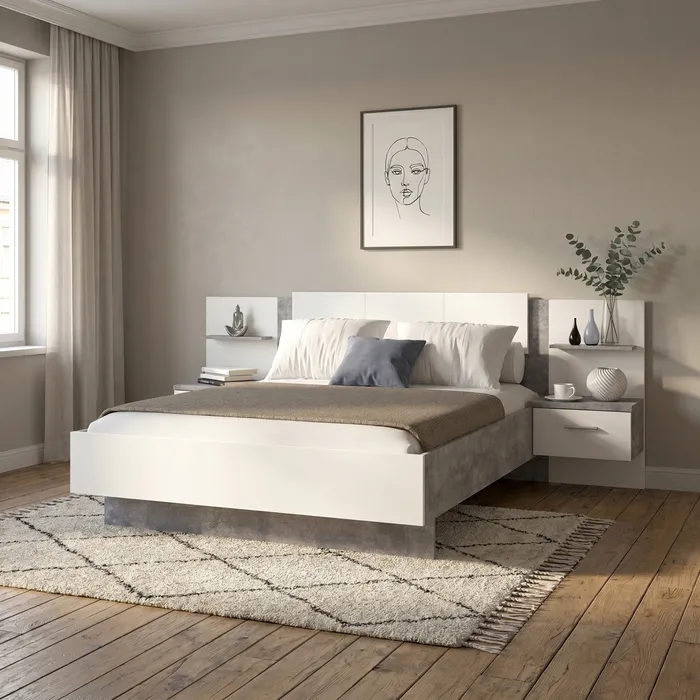 Lit 140x190 cm avec chevets suspendus GINGER Gris clair et blanc mat