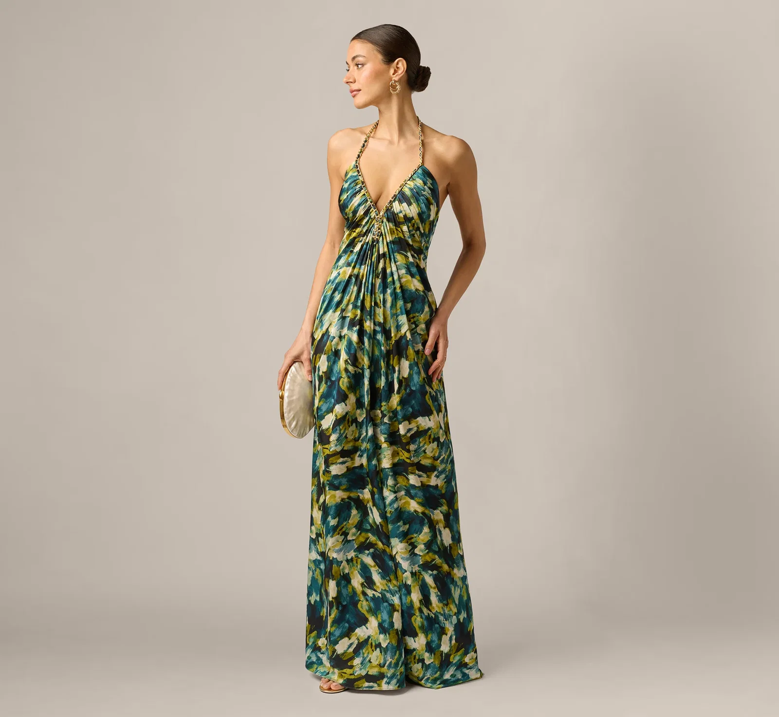 Image of Printed Stretch Satin Chain Halter Gown In Green Multi
