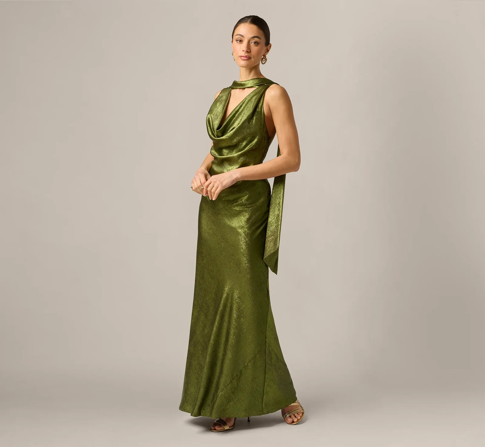 Image of Foil Chiffon Cowled Scarf Halter Gown In Dark Olive
