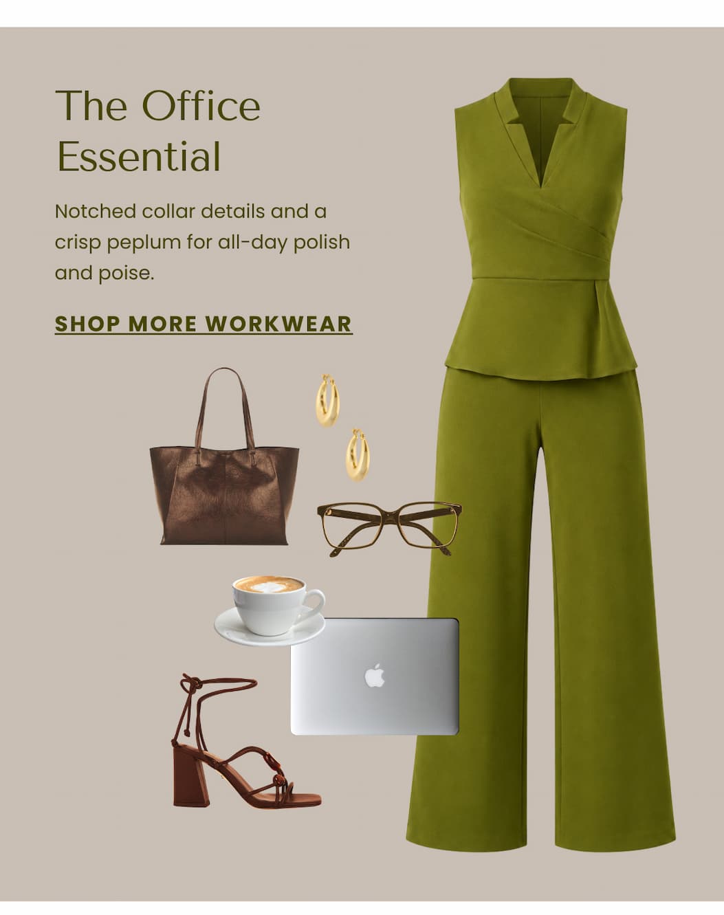 Notch Lapel Stretch Crepe Peplum Jumpsuit In Jungle Olive