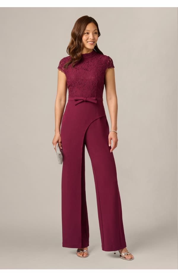 Cap Sleeve Bow Waist Lace Combo Jumpsuit In Cabernet