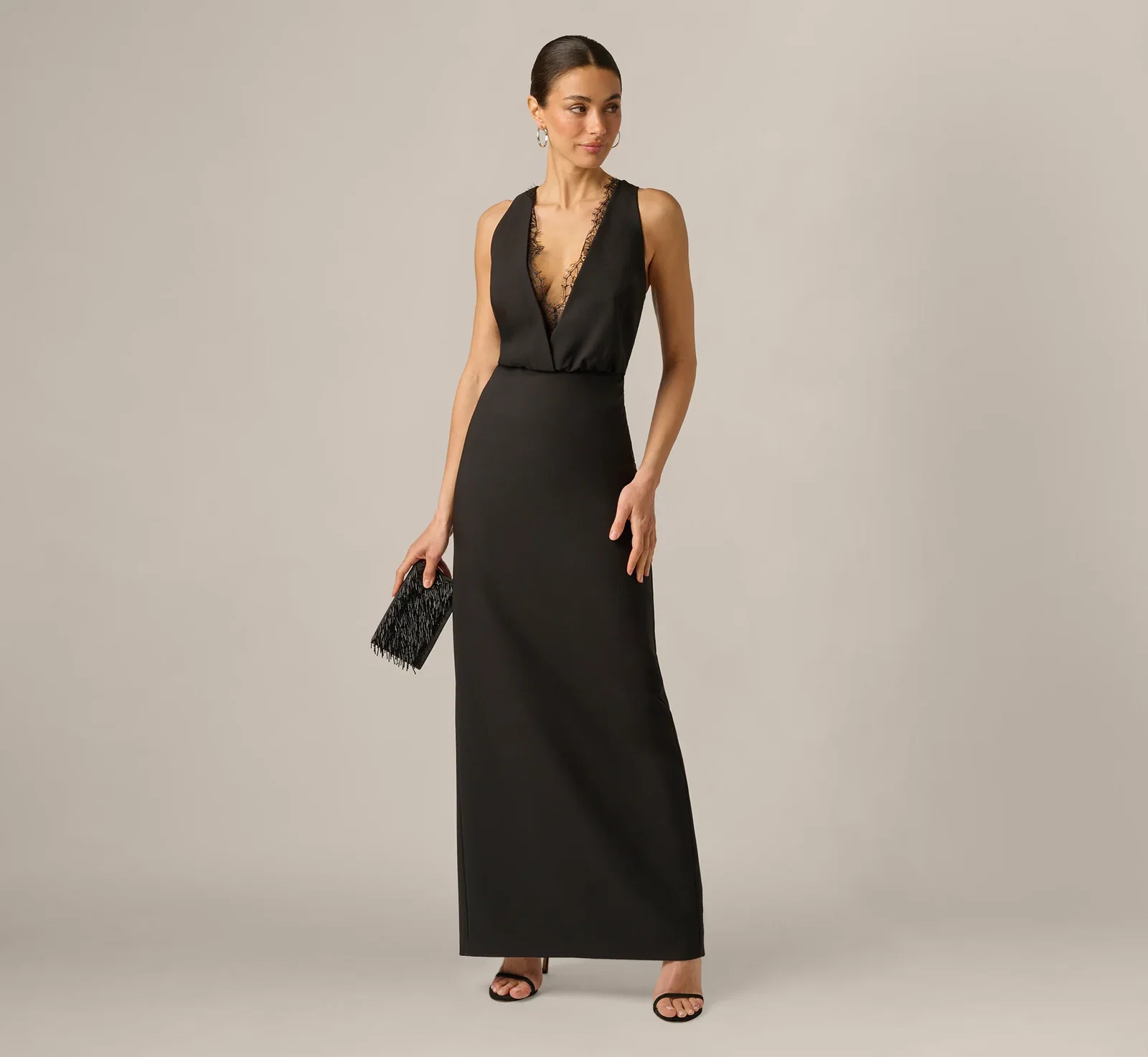 Image of Blouson Lace Trim Plunge Gown In Black