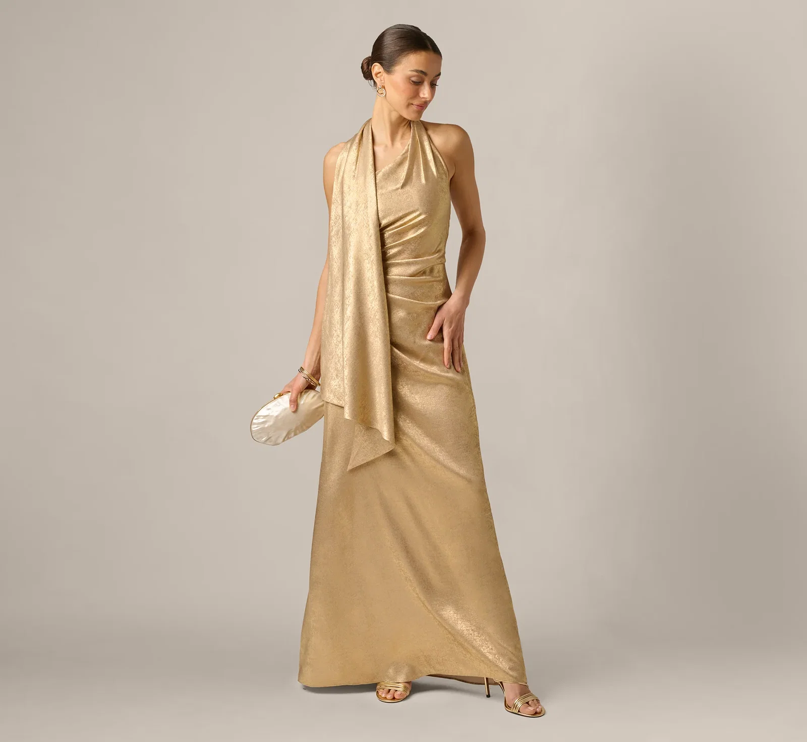 Image of Foil Chiffon Scarf Halter Gown In Light Gold