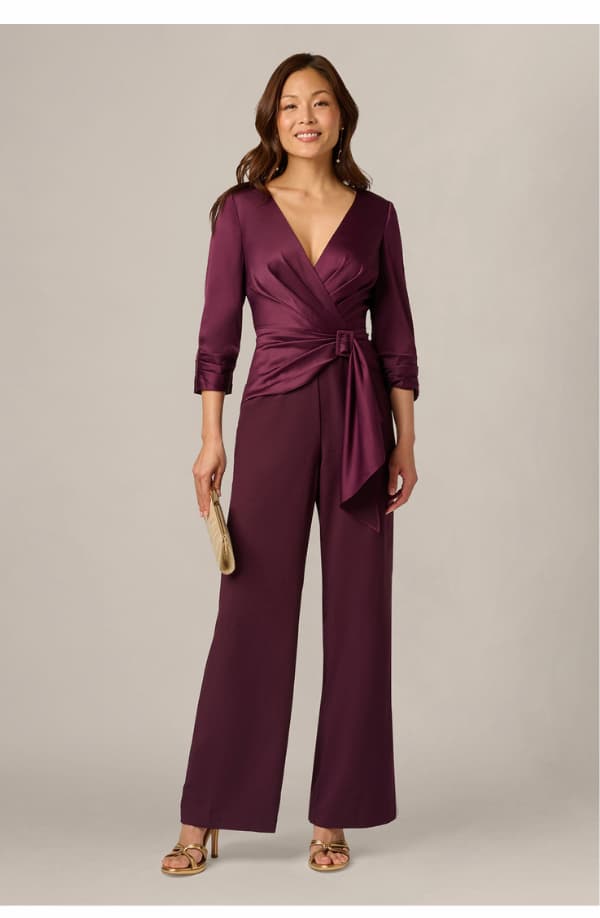 Satin Crepe Three Quarter Sleeve Jumpsuit With Buckle Waist In Bordeaux Glow