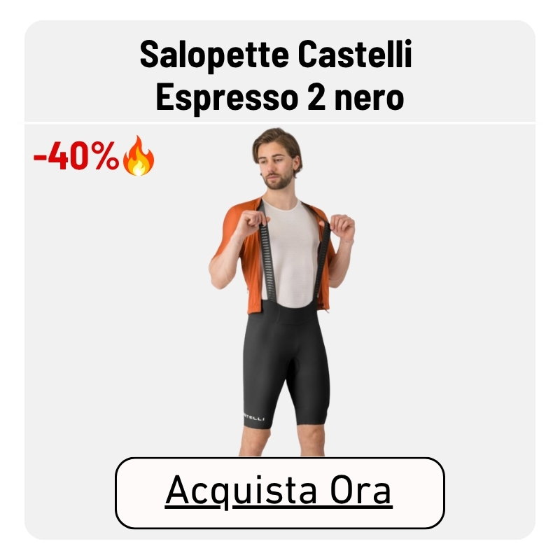 Male model wearing Castelli Salopette Espresso 2 black bib shorts with orange jersey draped, product photo promoting a 40% discount