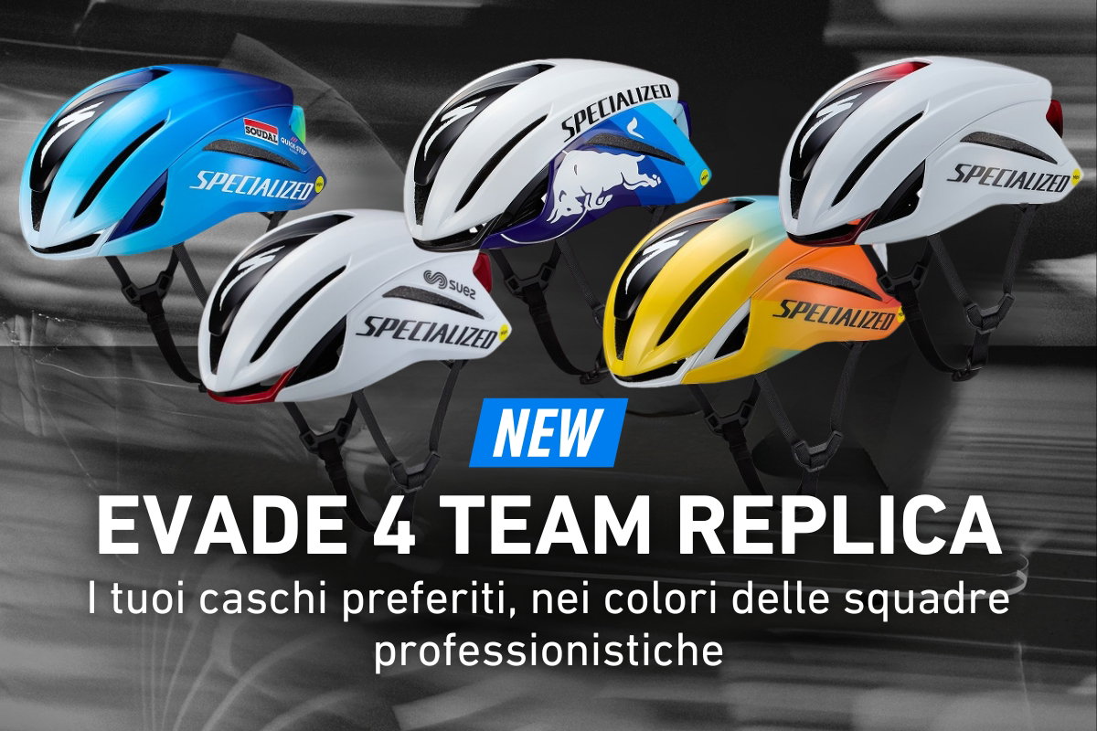 Five colourful Specialized Evade 4 Team Replica road cycling helmets displayed on a dark background with a prominent "New" label