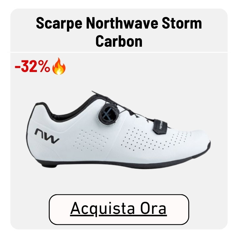White Northwave Storm Carbon road cycling shoe, side view with BOA dial, -32% sale badge and 'Acquista Ora' buy-now button