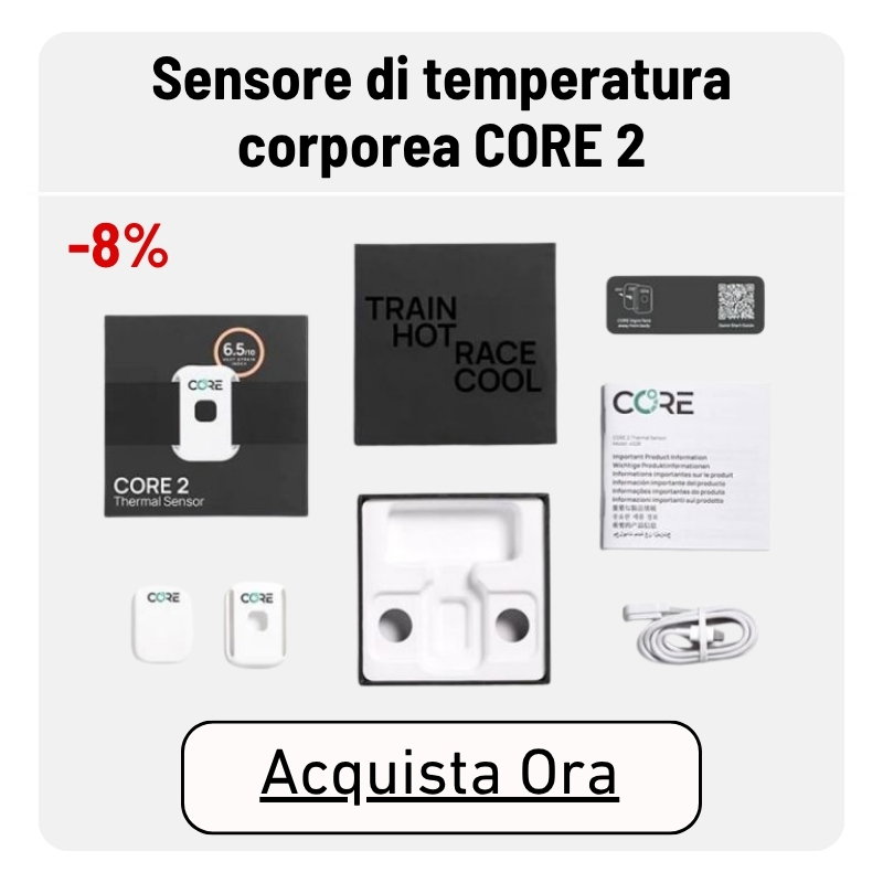 CORE 2 body temperature sensor kit with two white sensors, box, charging cable, manual and tray, shown with -8% discount and 'Acquista Ora' button