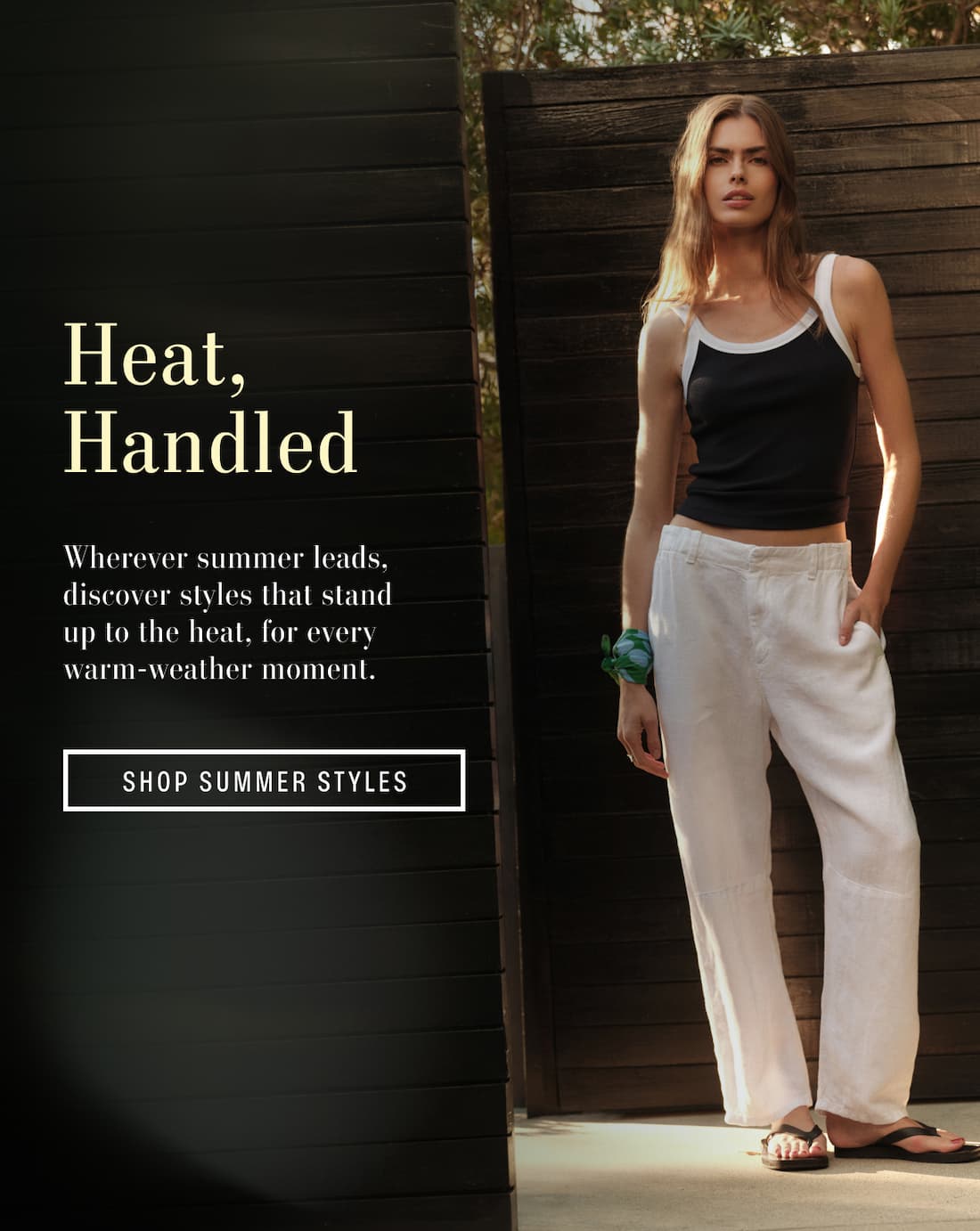 Image shows a model wearing the Belle Top in Navy/White. Text reads: Heat, Handled. Wherever summer leads, discover styles that stand up to the heat,  for every warm-weather moment.