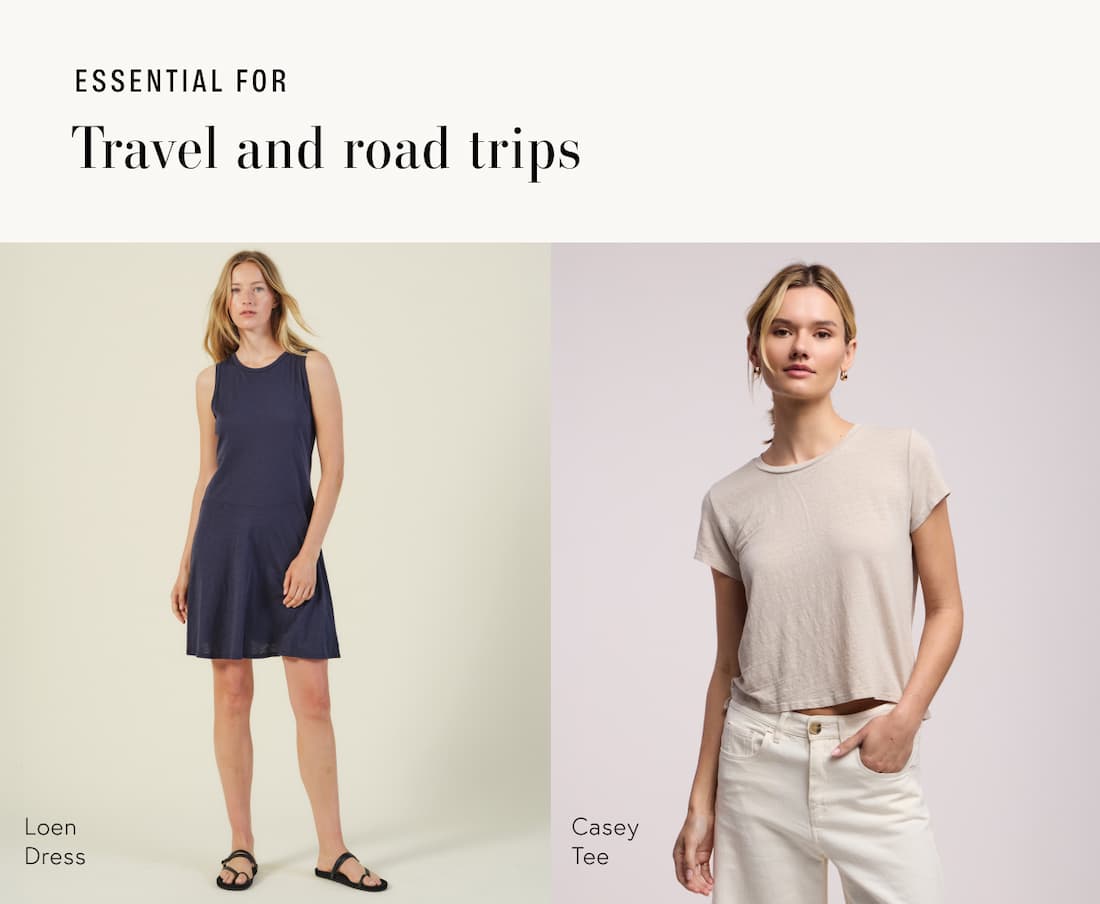 Image shows a model wearing the Kenna Top in Sea La Vie. Image shows a model wearing the Lynn Top in Candle. Image shows a model wearing the Loen Top in Navy. Image shows a model wearing the Casey Top in Cobble. Text reads: Essential for: Travel and road trips