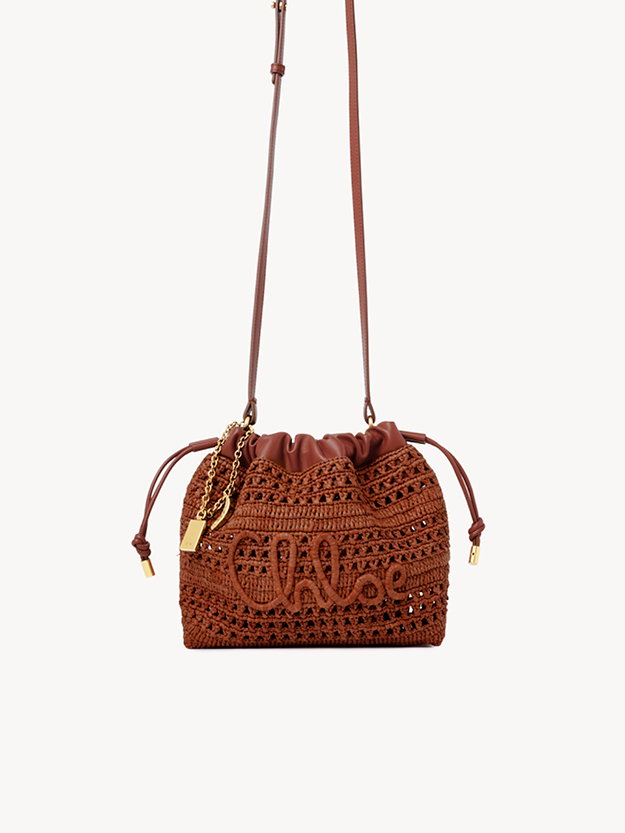 Mini Summer Banana drawstring shoulder bag in raffia