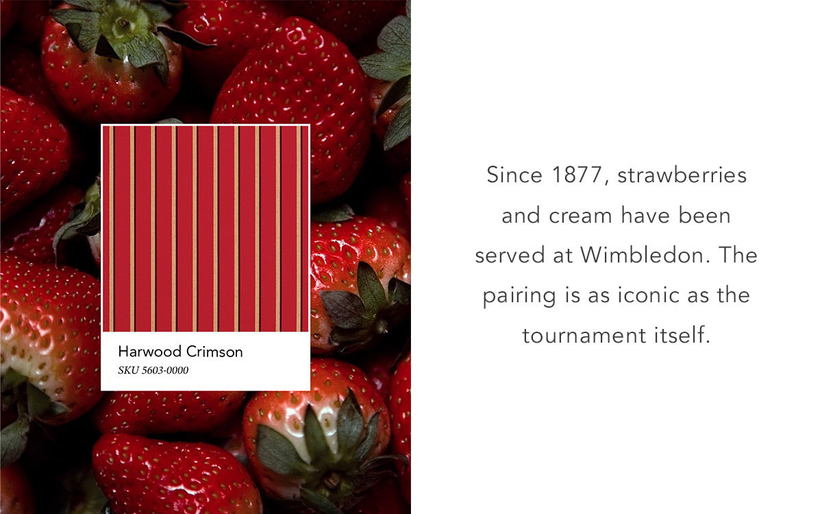 Close-up of fresh strawberries with a red striped fabric swatch labeled “Harwood Crimson,” alongside text about the tradition of strawberries and cream at Wimbledon.