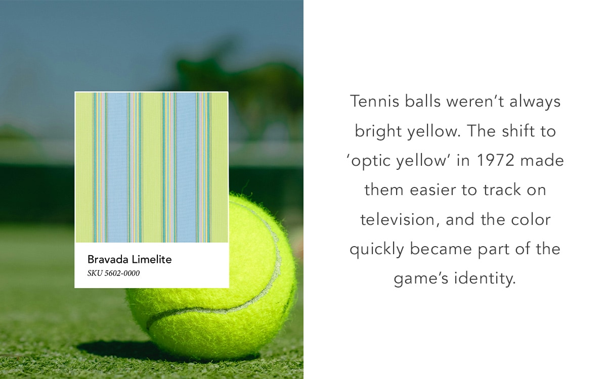 Close-up of a bright yellow tennis ball on grass with a striped fabric swatch labeled “Bravada Limelite,” alongside text explaining the shift from white to yellow tennis balls.