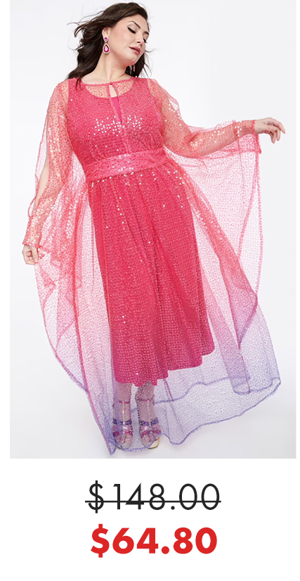 Unique Vintage Plus Size 1970s Sheer Pink & Purple Ombre Sequin Flutter Sleeve Caftan