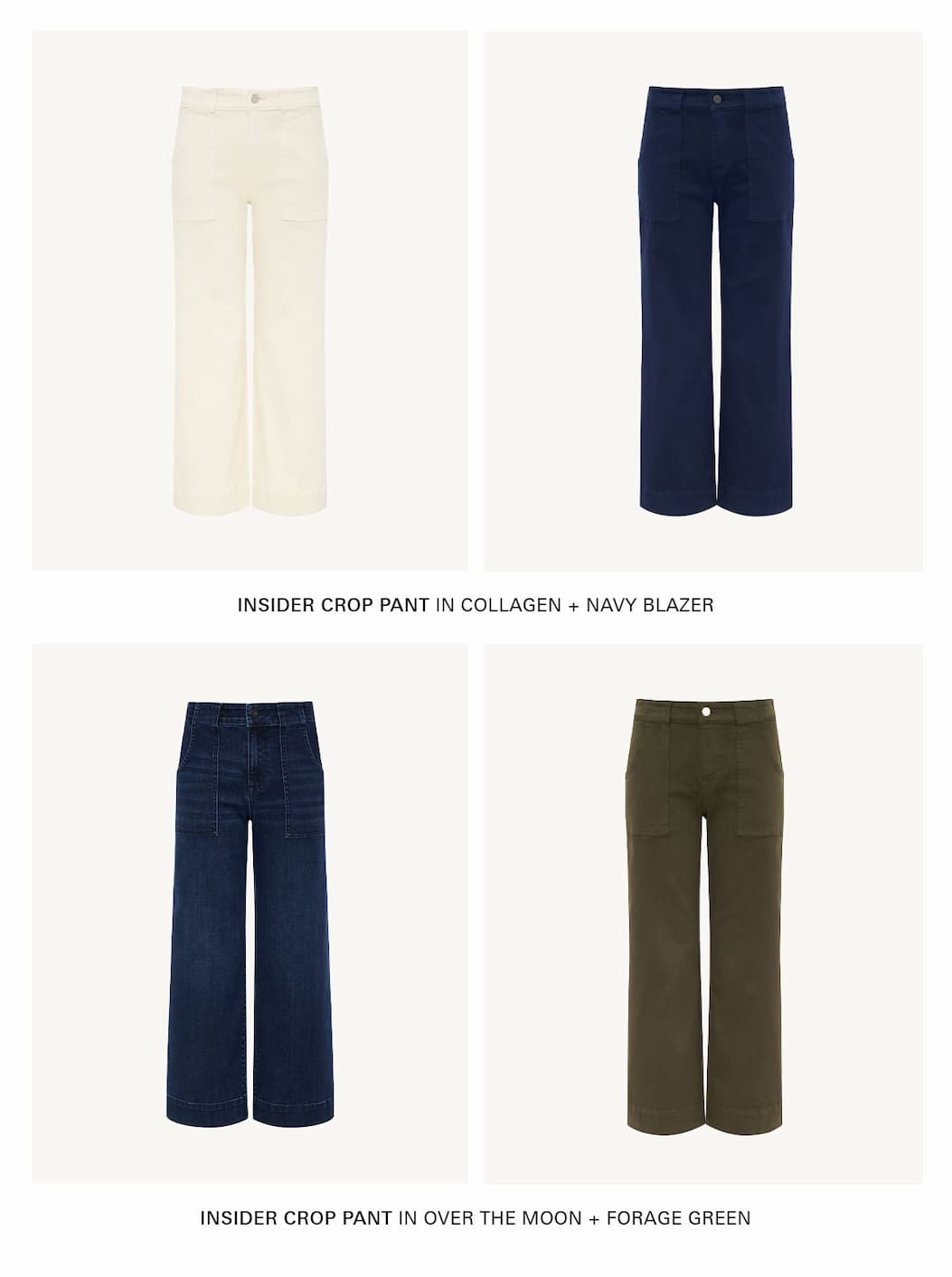 grid of insider crop in 4 colors inclduing collagen, navy, green, and denim
