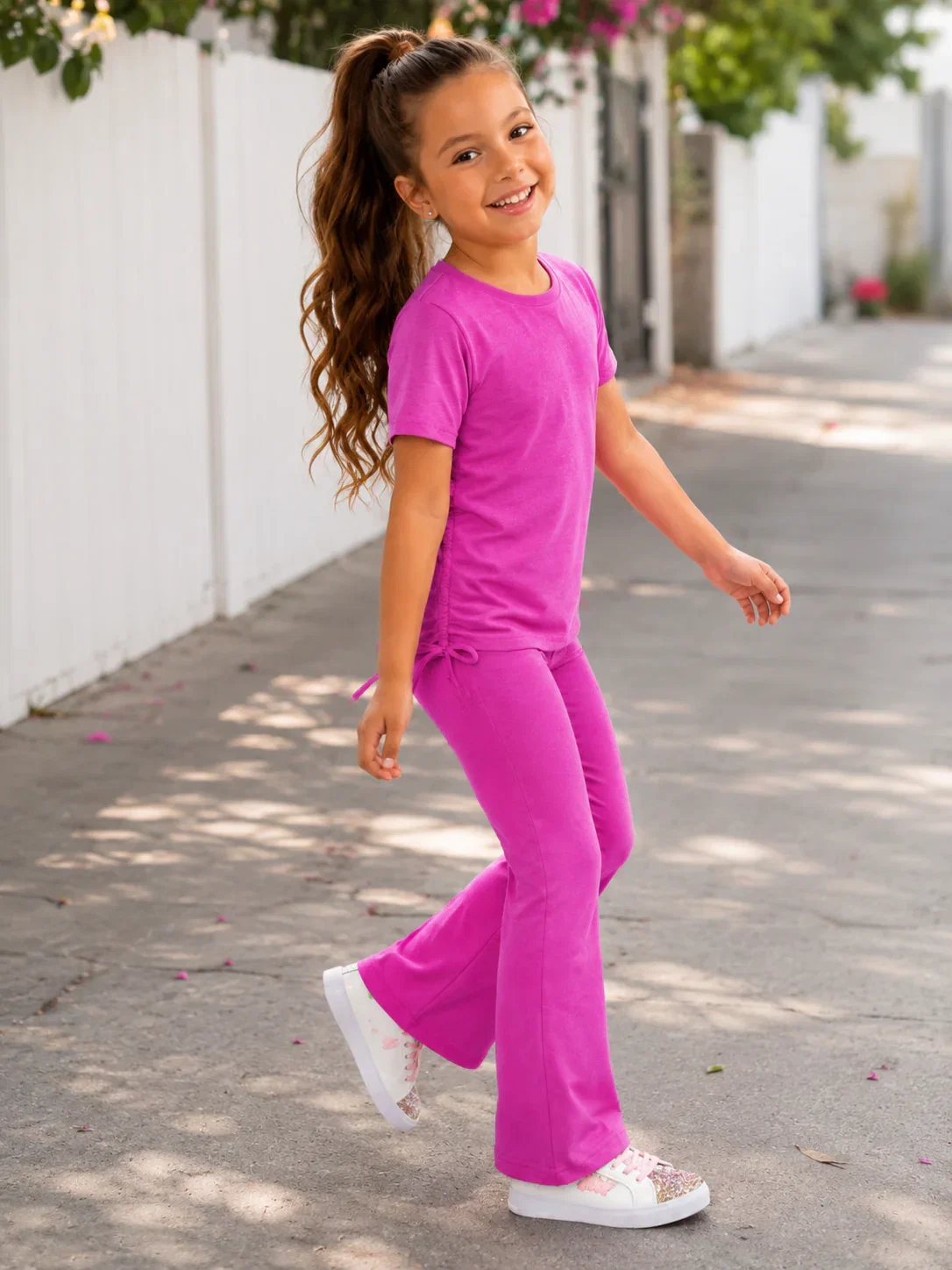 Image of Pink Side-Ruched Tee & Flare Pant Set