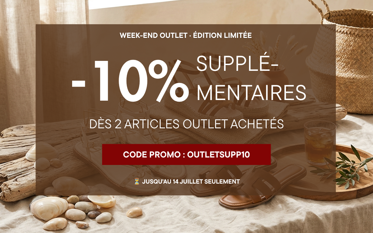Week-end Outlet ANDRÉ — -10% supplémentaires dès 2 articles Outlet achetés. Code OUTLETSUPP10, jusqu'au 14 juillet.