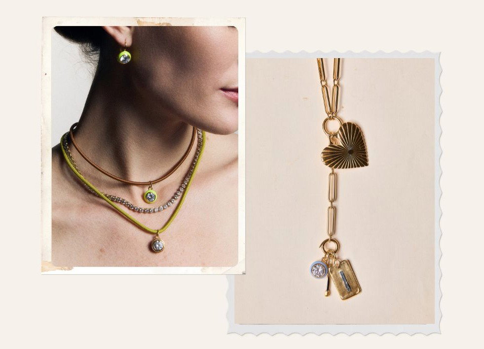 Model wearing Chartreuse Enamel Bezel Earrings, Copper Clasp Cord with matching Chartreuse Charm, Bezel Tennis Necklace, and Cord Necklace with Large Bezel Charm; Mixed Link Lariat Necklace with Ribbed Heart of Gold, Blue Enamel Bezel Charm, Matchstick, and Carpe Diem