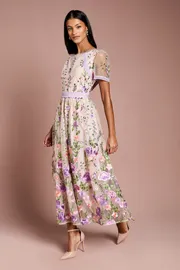 Petite Lace Trim Detail Embroidered Mesh Midi Dress