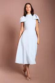 Bow Shoulder Crepe Midi Dress