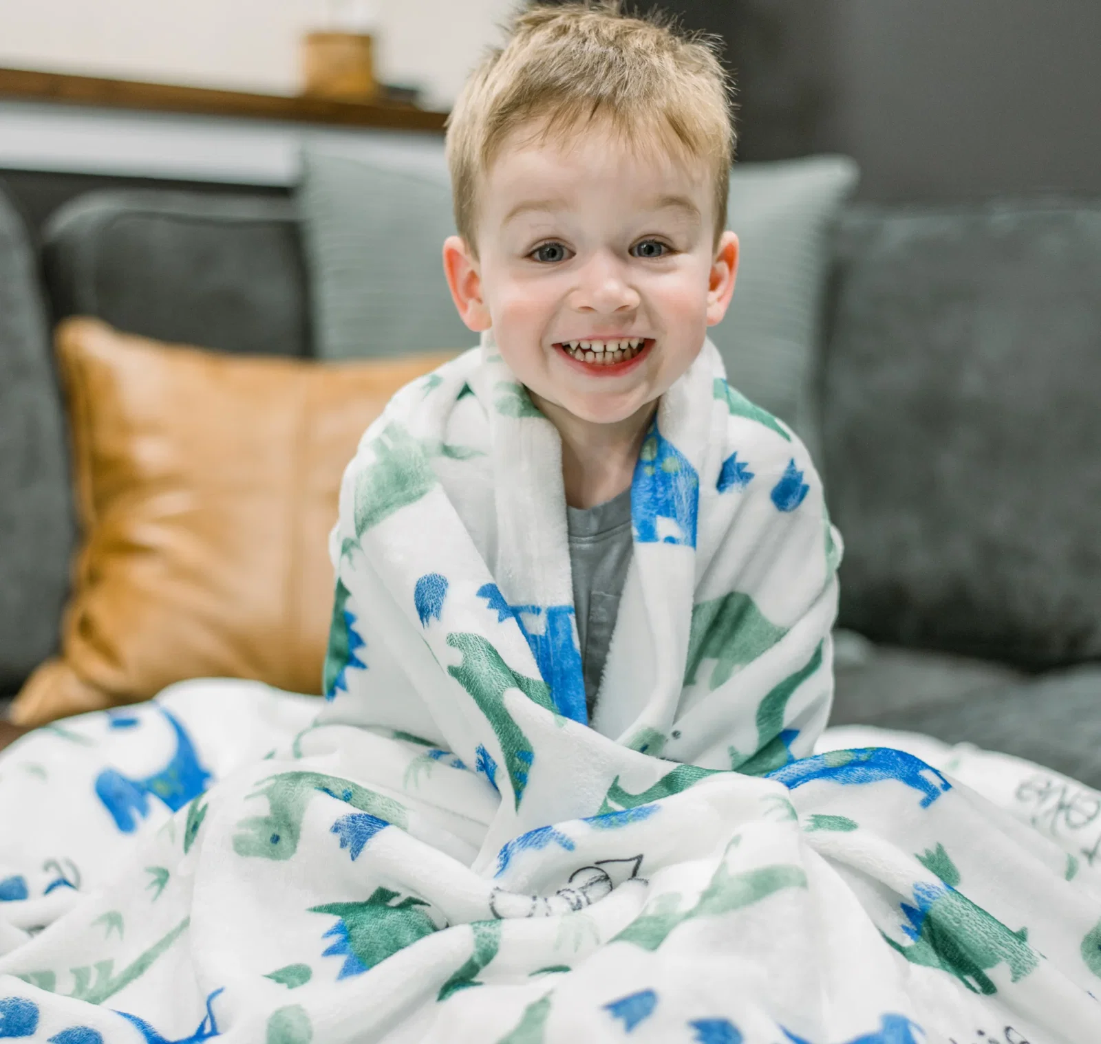 Image of Blues and Greens Dino Minky Name Blanket