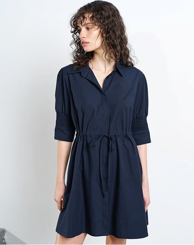 Cambria Cotton Cinched Waist Navy Mini Shirt Dress