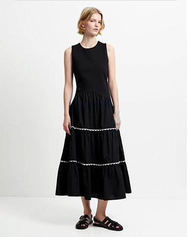 Kaylie Mix Tiered Ric Rac Monochrome Midi Dress