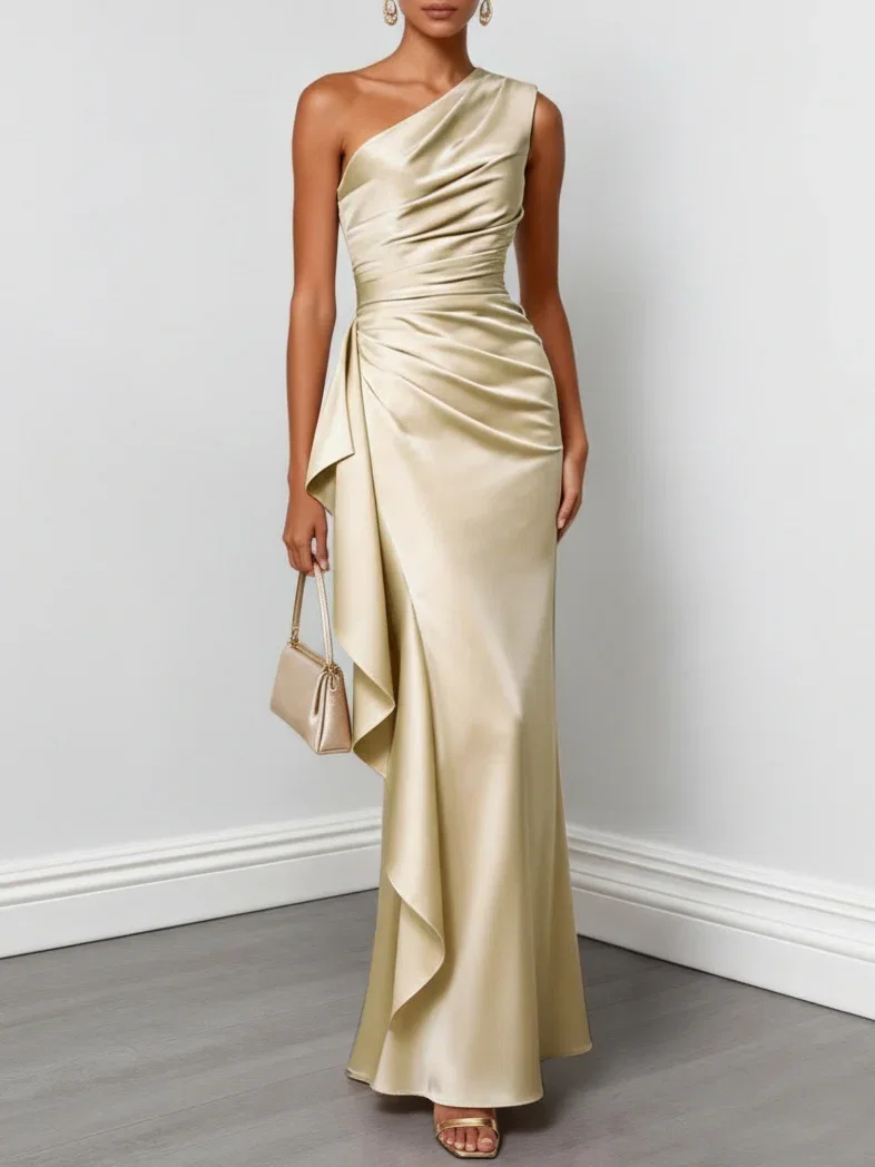 Image of Champagne Ruffled Ruched Satin One Shoulder Sleeveless Sheath Floor-length Gown Dress